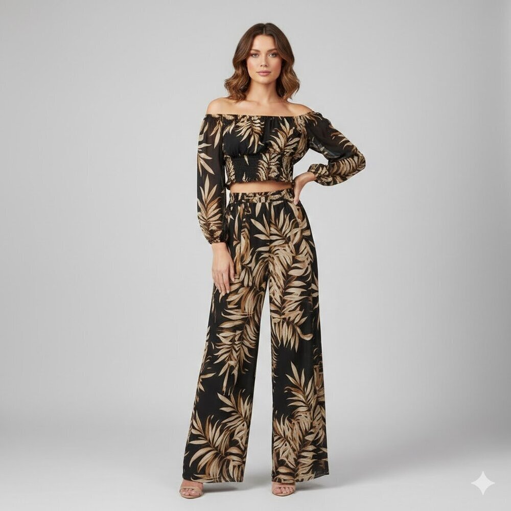 Black and Gold Leaf Print Pant Set